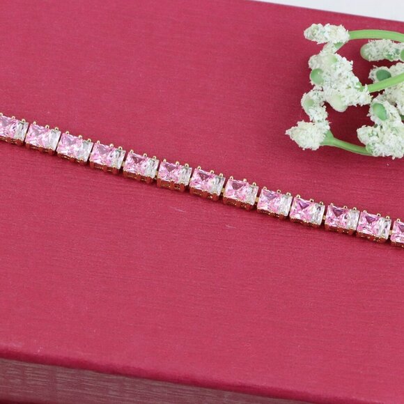 "Rose Gold Tennis Bracelet with Pink Square CZ Stones, Elegant Design, XPBL0740 - Picture 11 of 12